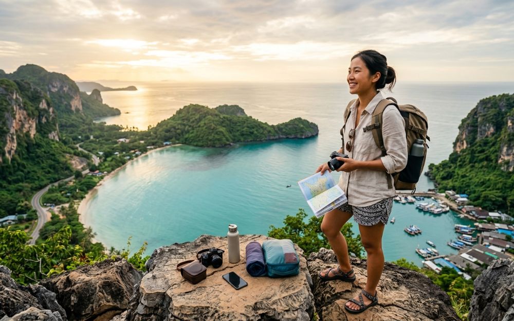 Một nữ du khách mỉm cười đứng trên đỉnh núi nhìn xuống vịnh biển tuyệt đẹp, thể hiện cảm hứng khám phá và áp dụng những mẹo hay khi đi du lịch.