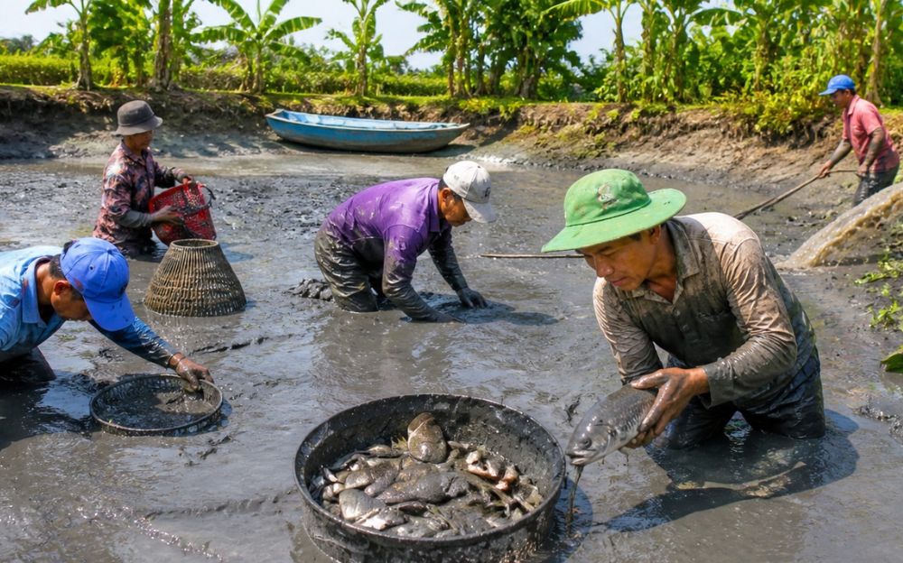 Cảnh tát đìa bắt cá sau khi máy bơm đã hút nước trong đìa ra...